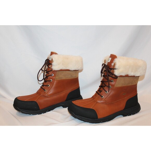 NIB UGG MEN'S BUTTE LOGO LEATHER SHEARLING‎ LINED WINTER SNOW BOOTS WRCH - Picture 2 of 7